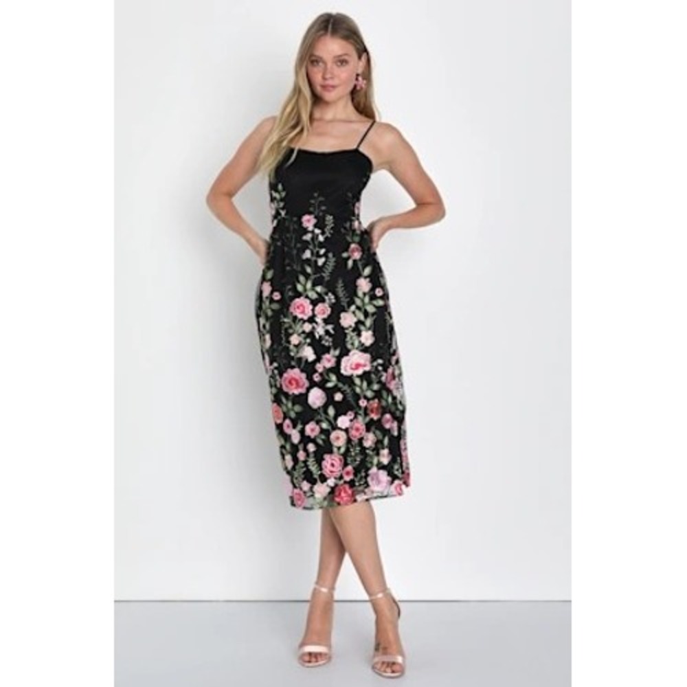 Lulus Blooming for Love Midi Dress Small Black Floral Embroidered Mesh Cocktail